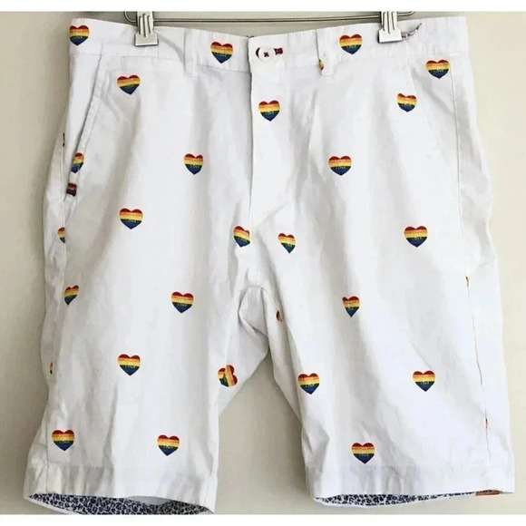Denim & Flowers Men's rainbow pride heart shorts SZ 32 - Picture 1 of 14